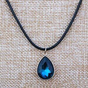 Cara Crystal Blue Water Drop Pendant Braid Leather Chain Necklace Gift Packaged